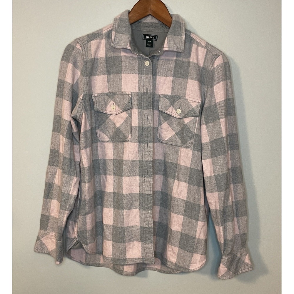 Roots Canada Pink Buffalo Plaid Flannel Shirt Woman S Chore Farmhand Elbow Patch